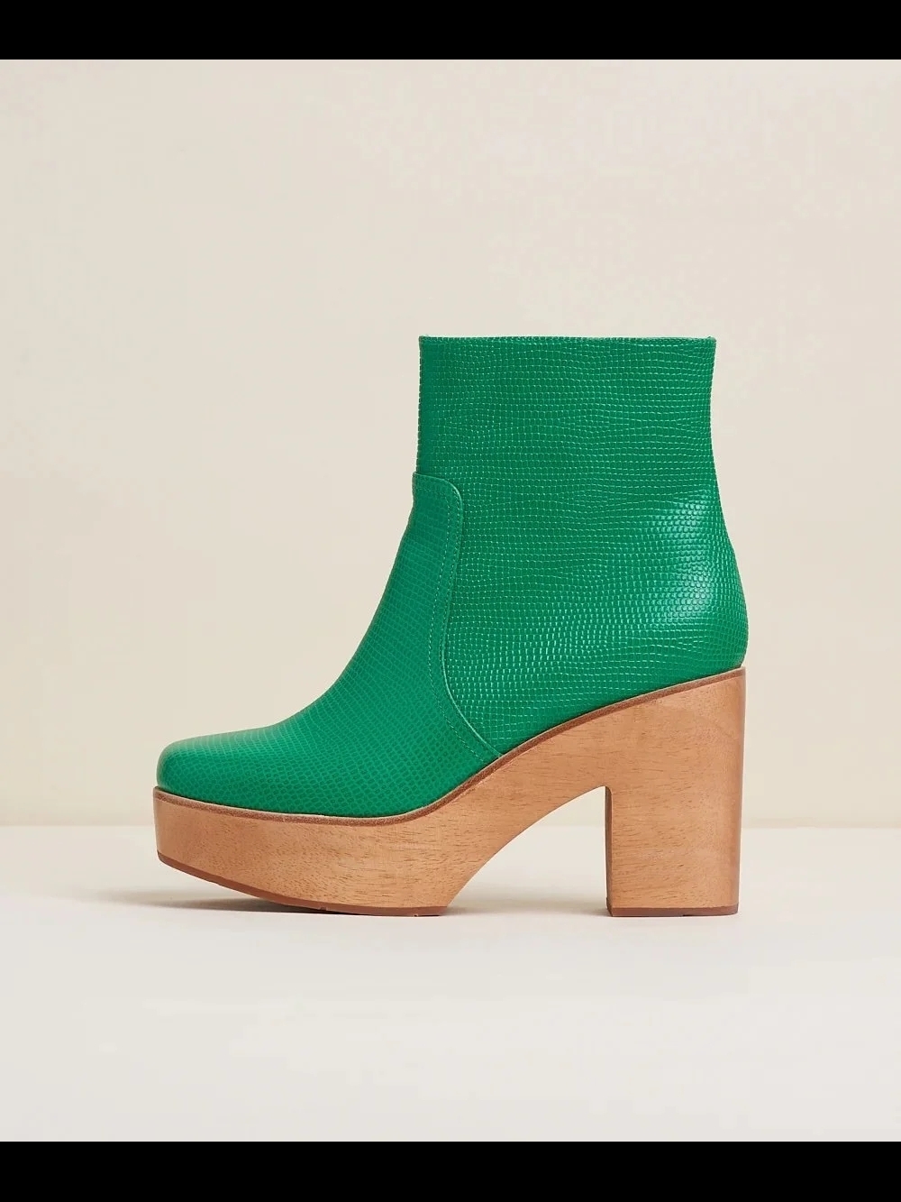 Green Platform Ankle Boot with Wood Heel